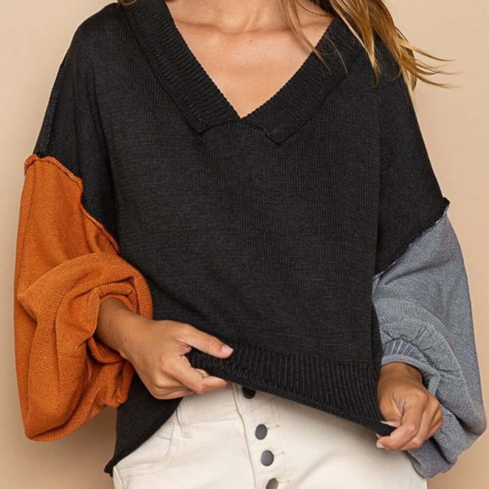 POL Exposed Seam Roll Edge Color Block V Neck Sweater 100% Cotton